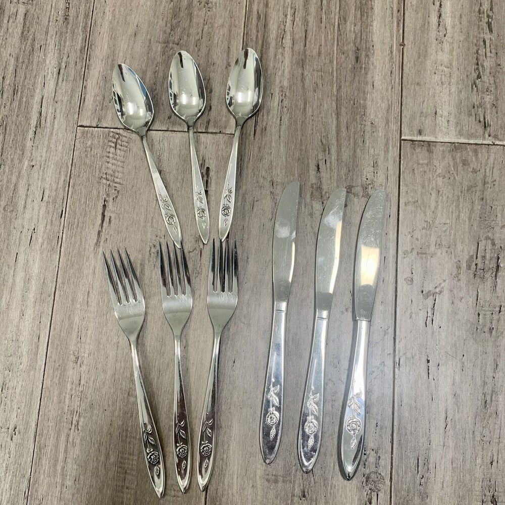Oneida Community My Rose Stainless Flatware Set 3 Salad Forks 3 Spoons 3 Knives